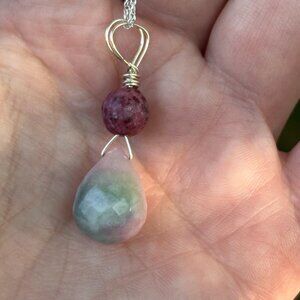 Candy Jade Pink Faceted Briolette Drop on silver chain